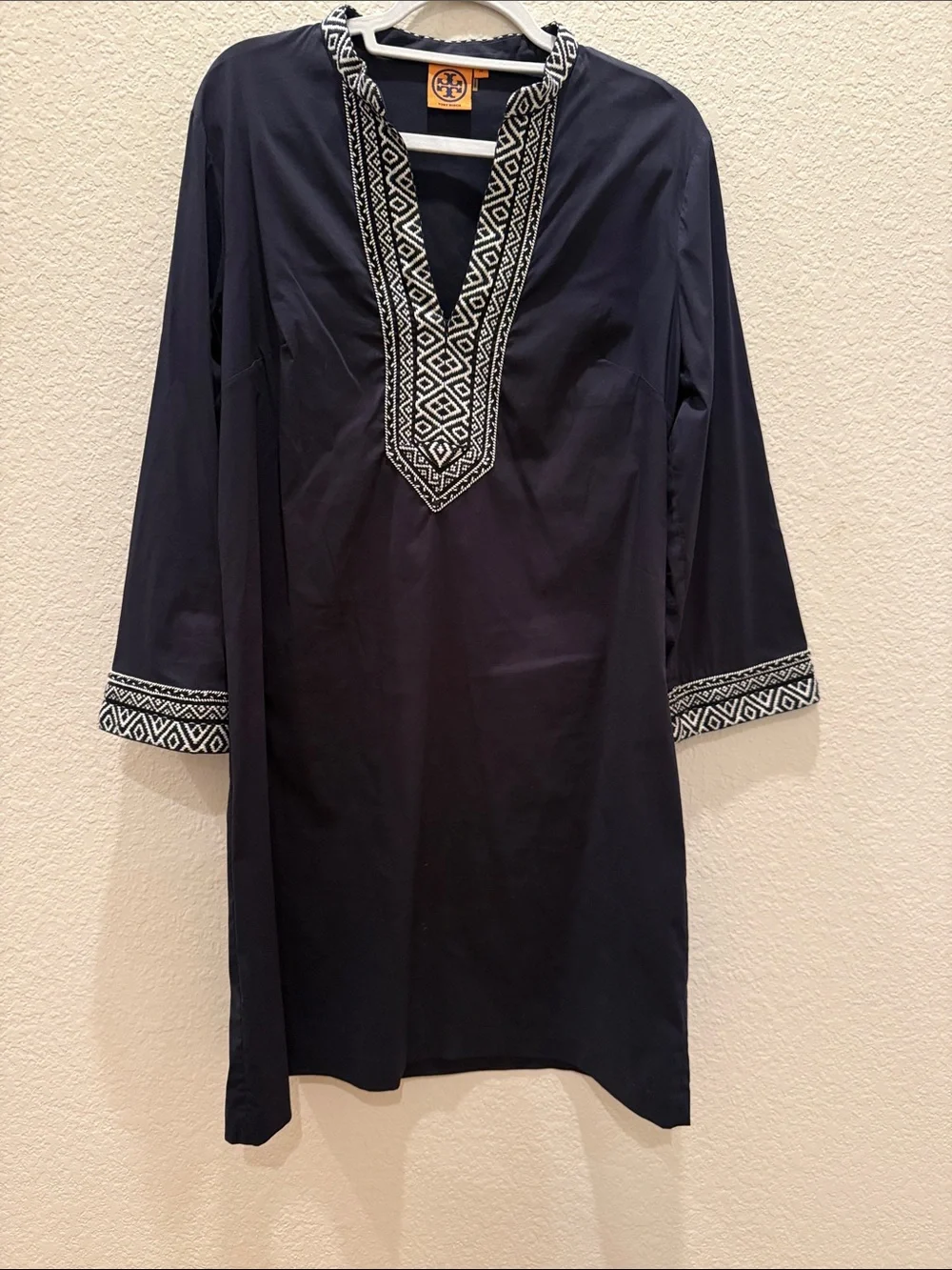 Tory Burch Navy Tunic with White Geometric Embroidery